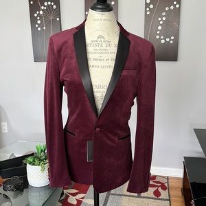 ASOS Soft Velvet suit jacket. Burgundy/wine color. Leopard interior. Slim fit.